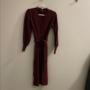 Ann Taylor Burgundy Long-Sleeve Belted Midi Dress